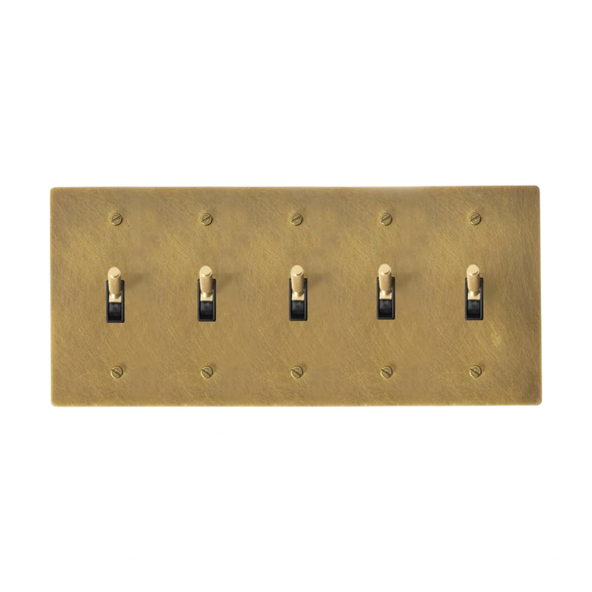 Unlacquered antique brass 5-gang knurled toggle switch plate