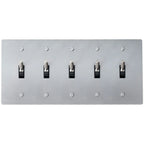 5-gang knurled toggle light switch plate in stainless steel finish, front view