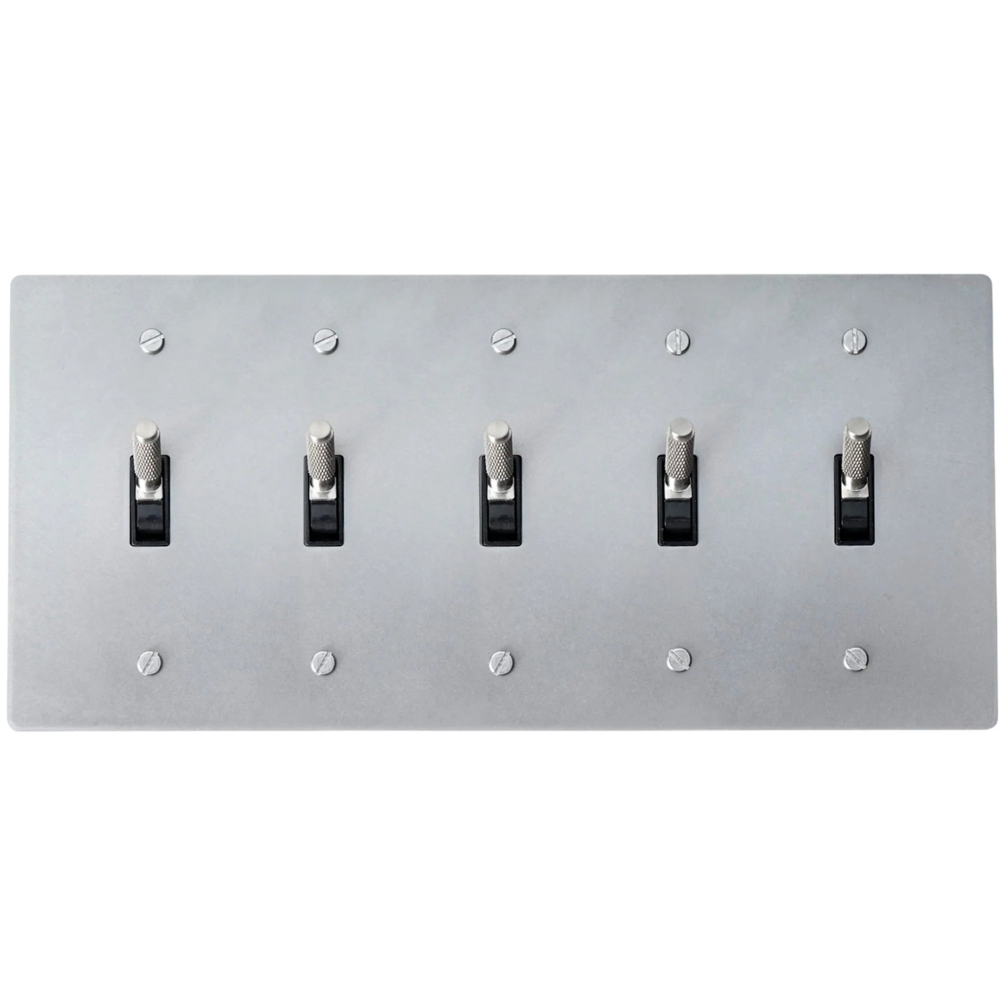 5-gang knurled toggle light switch plate in stainless steel finish, front view