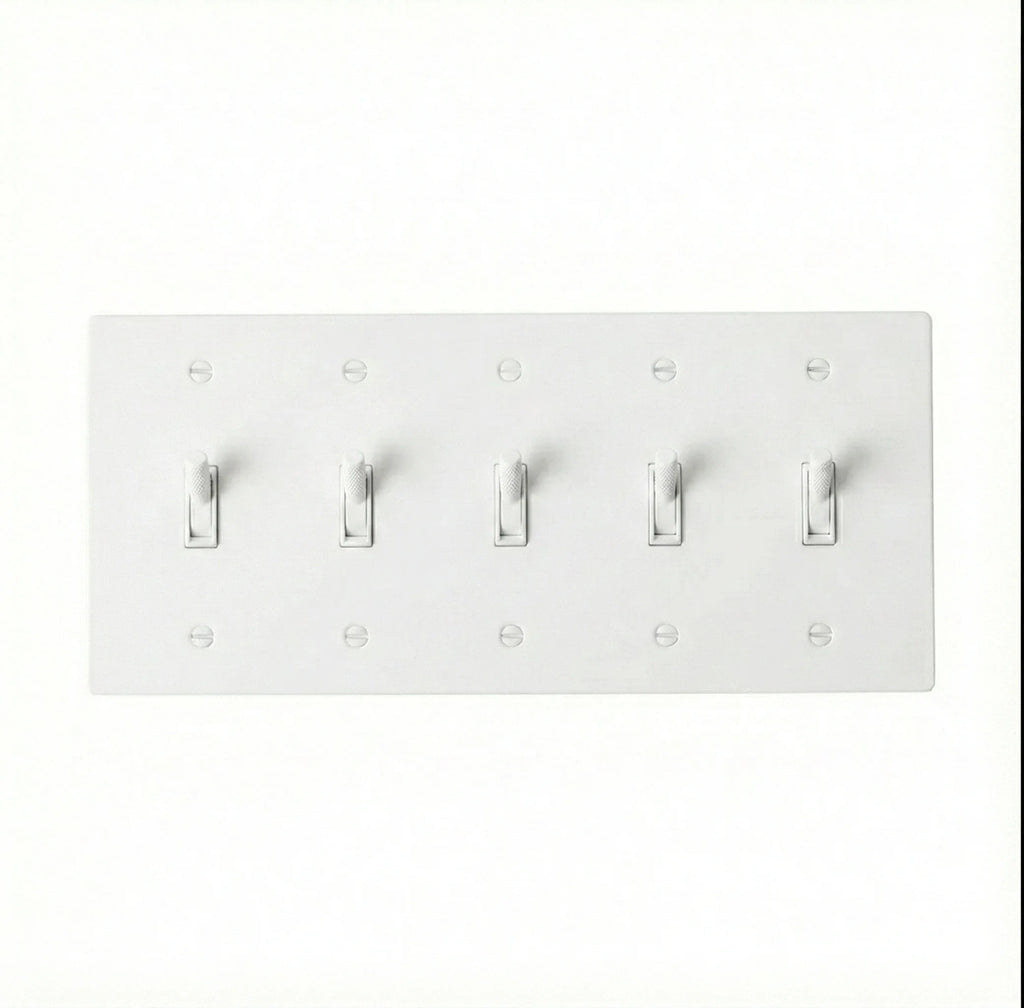 Close-up of knurled toggle detail on white 5-gang switch plate
