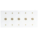 Five gang white dimmer switch with brushed brass knobs and contemporary white wall plate.