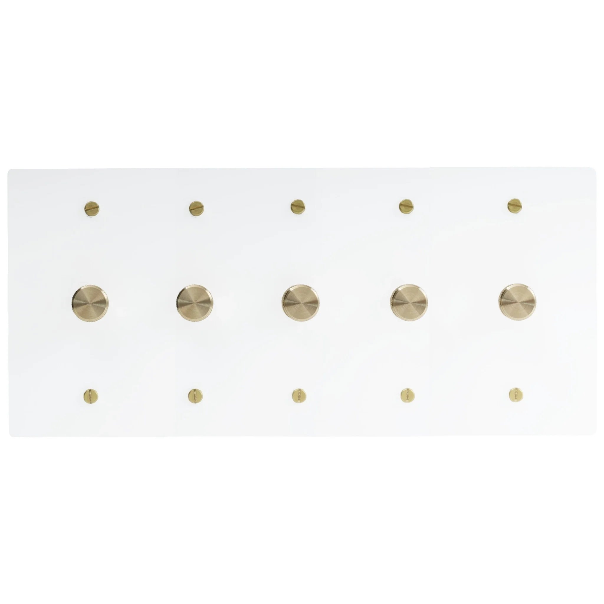 Five gang white dimmer switch with brushed brass knobs and contemporary white wall plate.