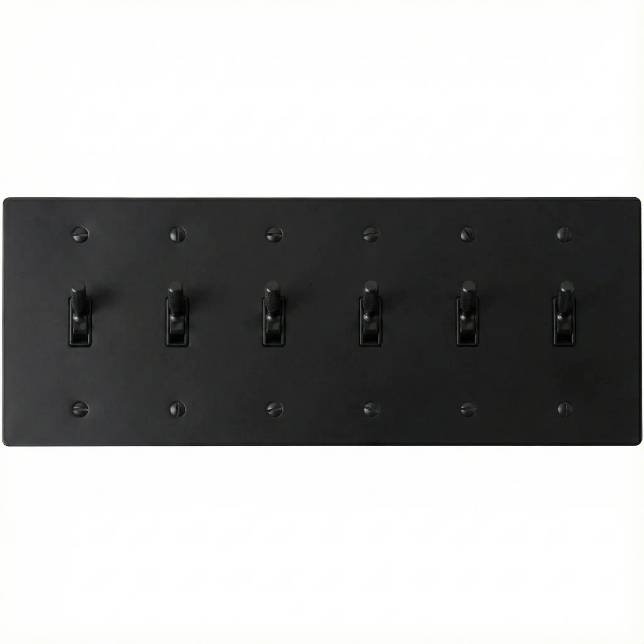 6-gang knurled toggle light switch plate in matte black, front view