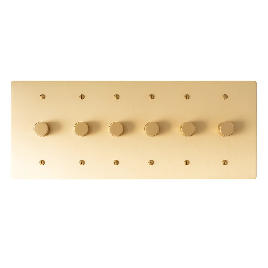 6 gang brass dimmer wall plate with evenly spaced rotary knobs and warm satin finish.