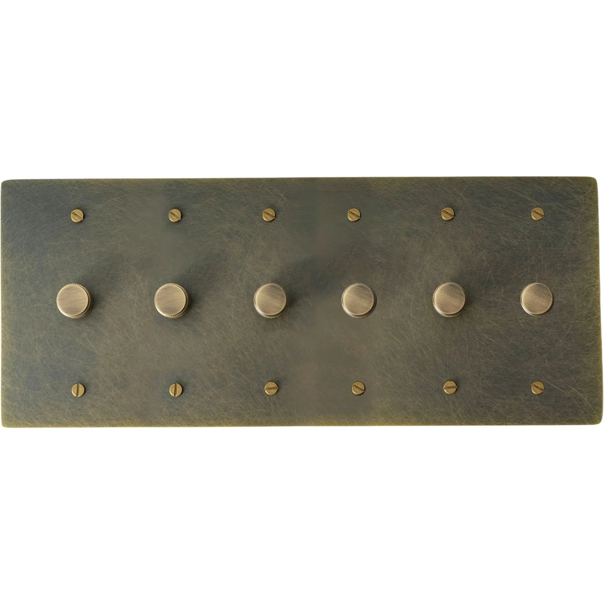 6 gang Bronze brass dimmer switch plate with antique knob on a white background
