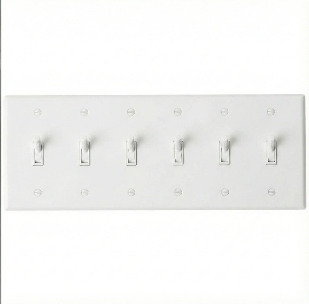 6-gang knurled toggle light switch plate in white, front view