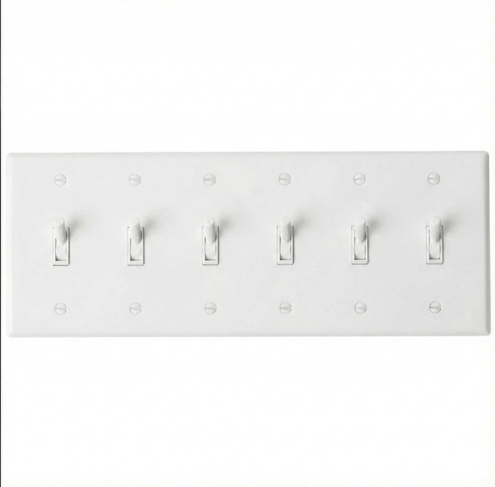 6-gang knurled toggle light switch plate in white, front view