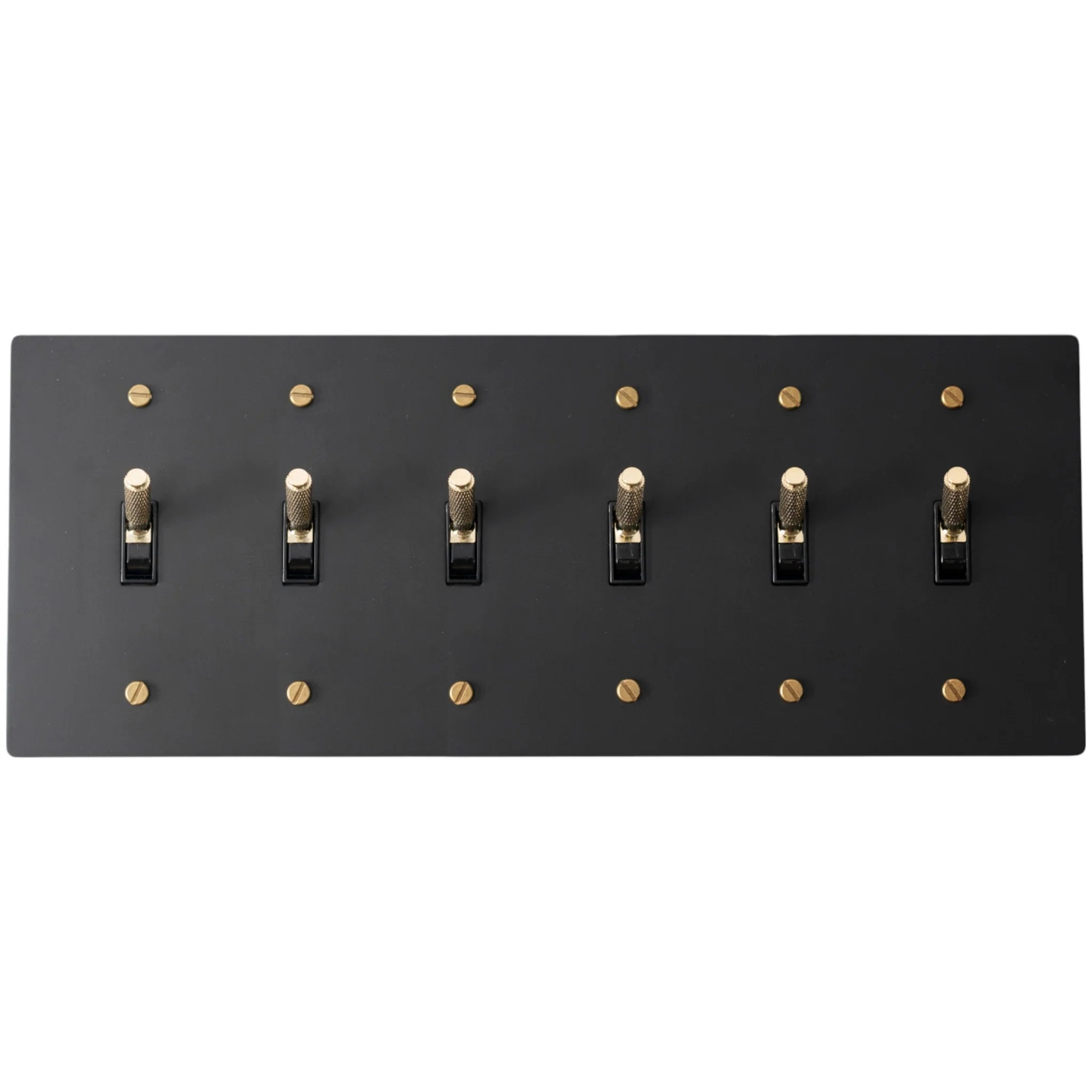 Close-up of knurled toggles on matte black 6-gang switch plate