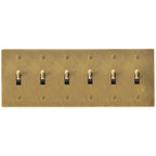 6-gang knurled toggle light switch plate in antique brass, hand-brushed, front view