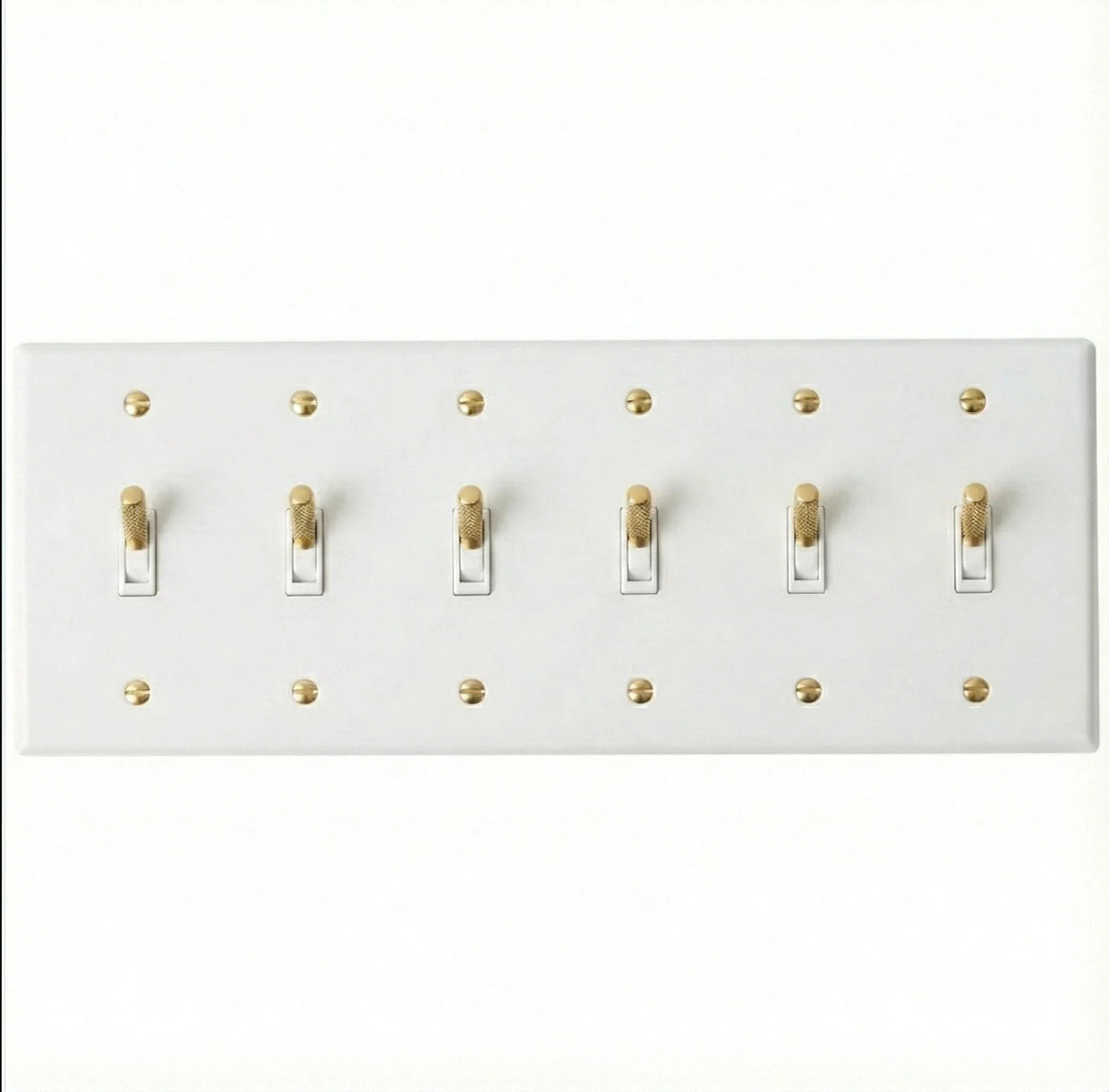 Close-up of knurled toggle detail on white 6-gang switch plate