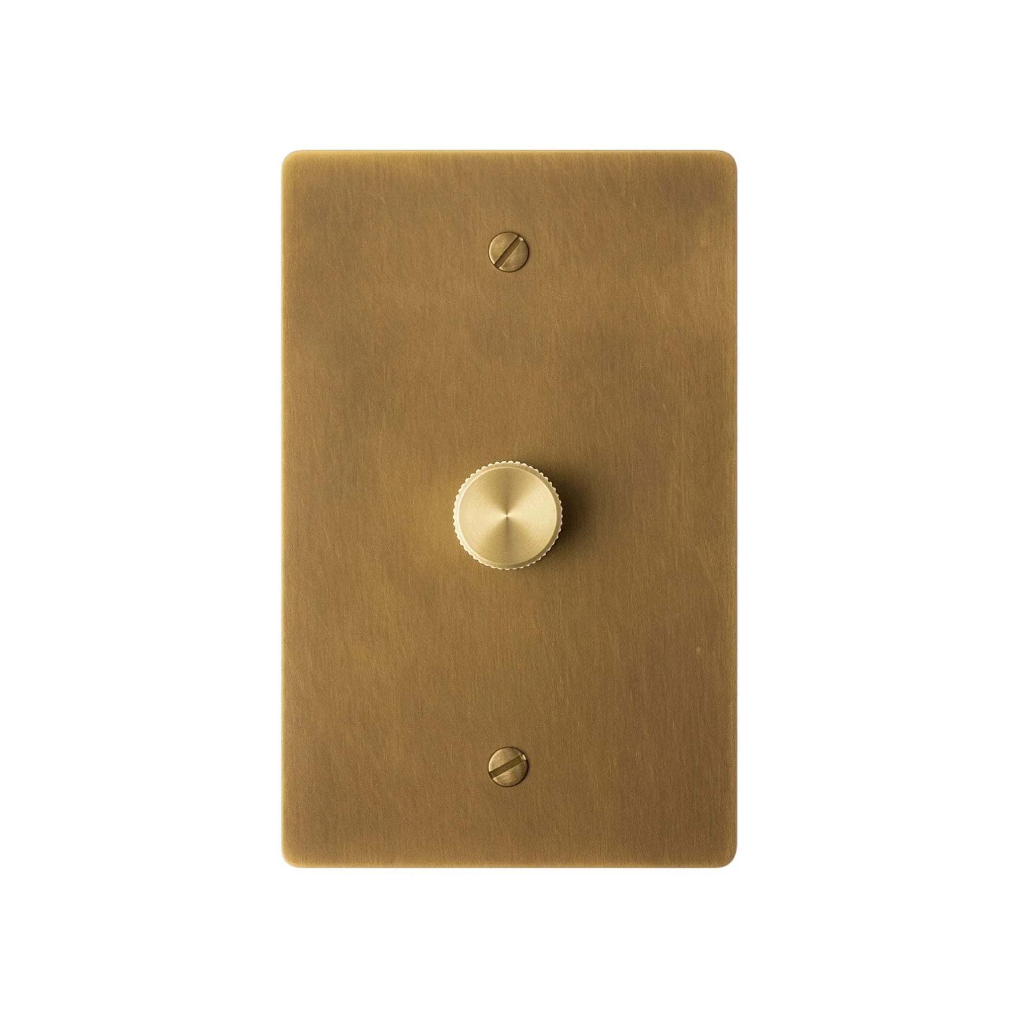Single gang antique brushed brass dimmer switch with smooth rotary knob on solid brass wall plate.