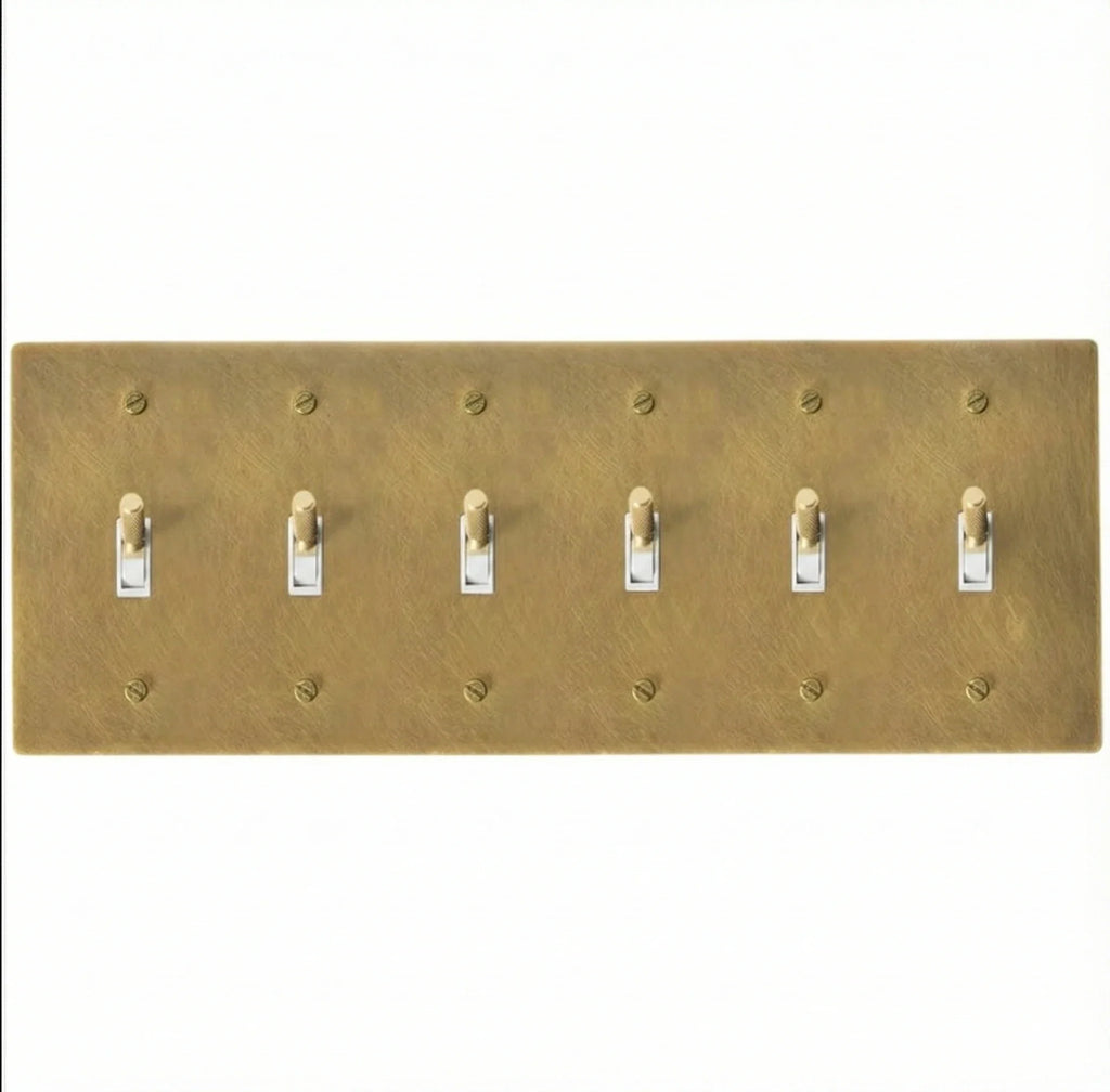 Antique brass 6-gang knurled toggle switch plate, hand-brushed