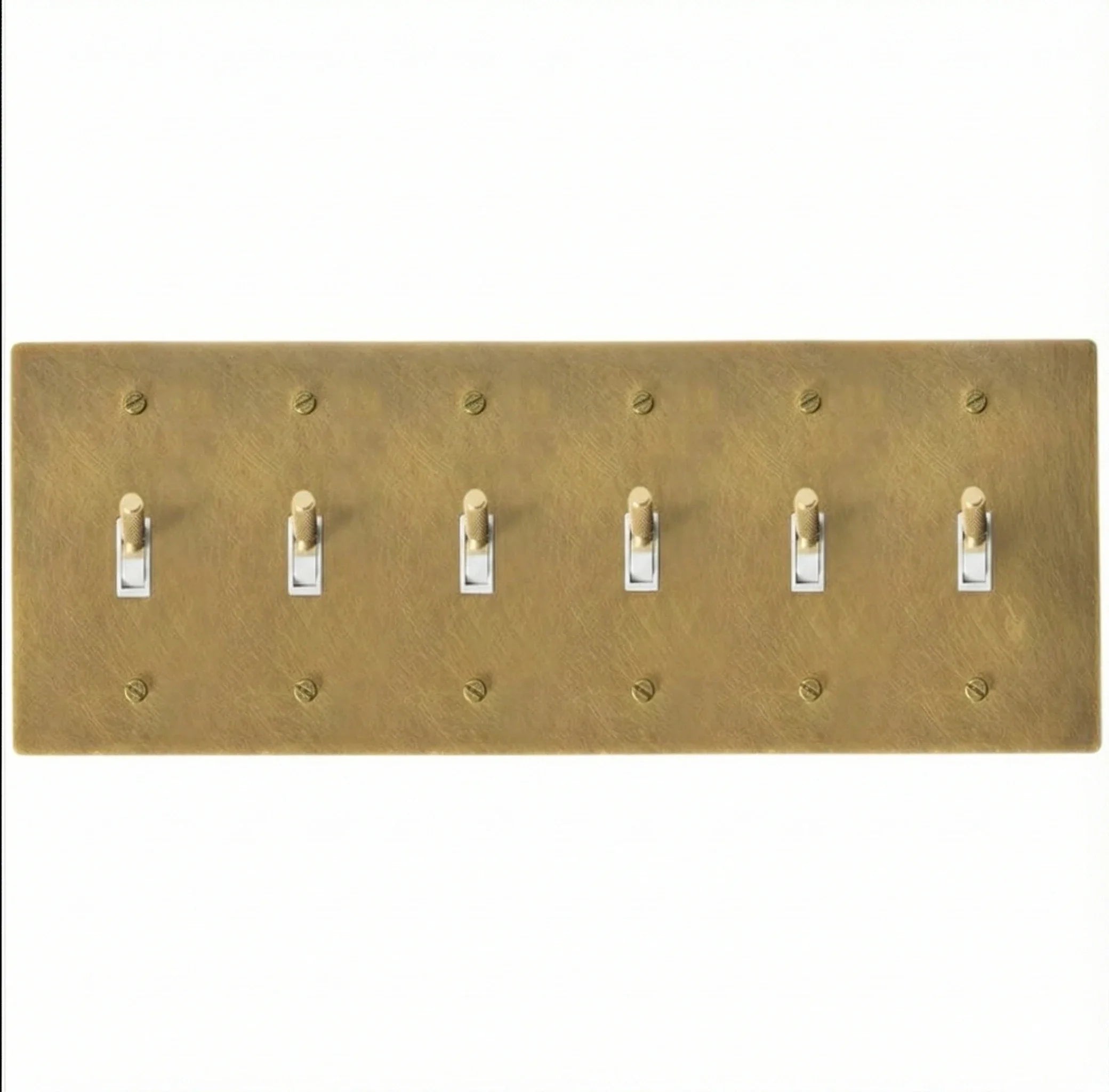 Antique brass 6-gang knurled toggle switch plate, hand-brushed