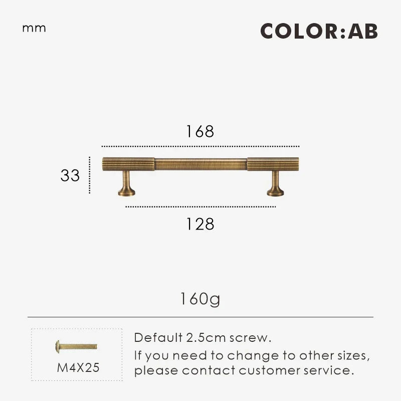 Measurement chart for antique brass Art Deco pull 168 mm with dimensions and weight information.