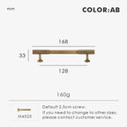 Measurement chart for antique brass Art Deco pull 168 mm with dimensions and weight information.