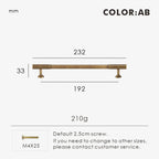 Measurement chart for antique brass Art Deco pull 232 mm with dimensions and weight information.