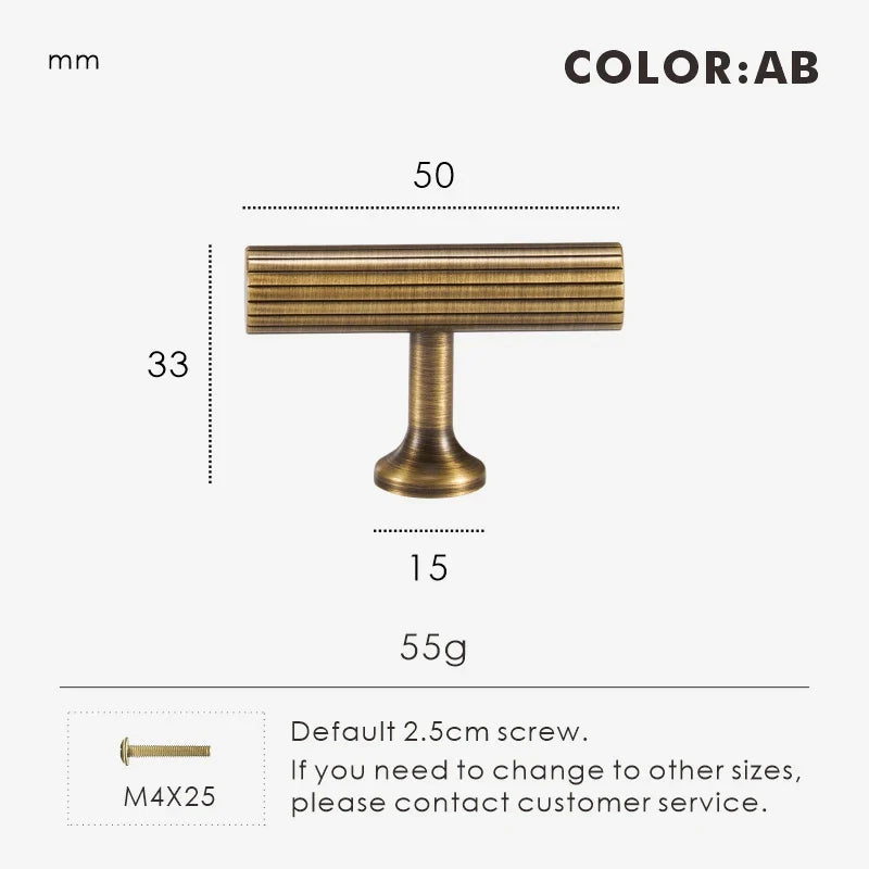 Measurement chart for antique brass Art Deco t-bar 50 mm with dimensions and weight information.