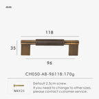 Measurement chart with antique brass cross-knurled pull 118 mm long and dimensions on a white background.
