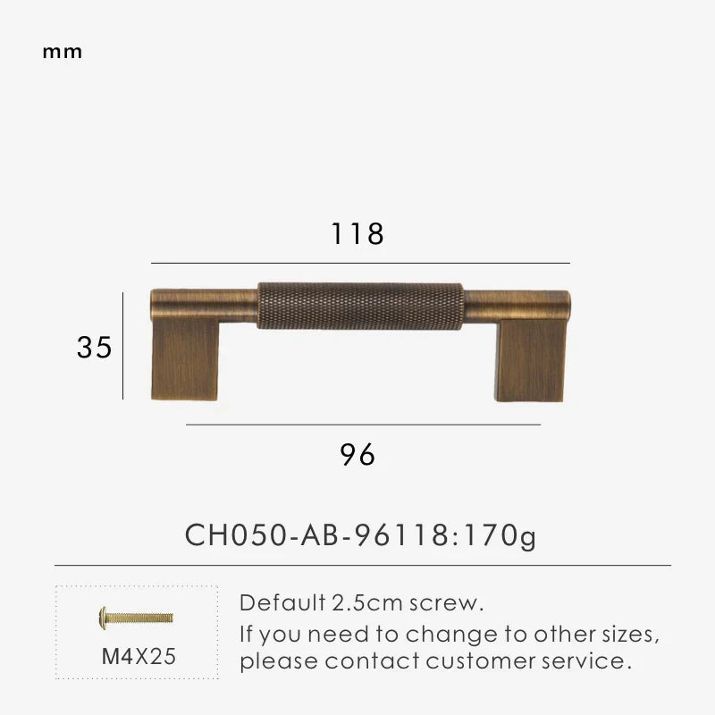 Measurement chart with antique brass cross-knurled pull 118 mm long and dimensions on a white background.