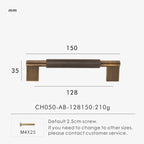 Measurement chart with antique brass cross-knurled pull 150 mm long and dimensions on a white background.