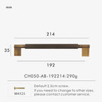 Measurement chart with antique brass cross-knurled pull 214 mm long and dimensions on a white background.