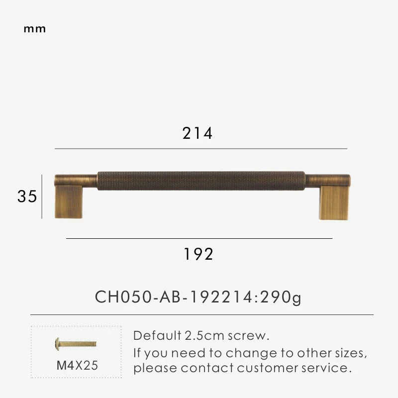 Measurement chart with antique brass cross-knurled pull 214 mm long and dimensions on a white background.