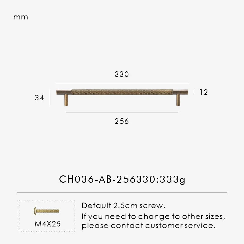 Measurement chart for antique brass cross knurled pull 330 mm with dimensions and weight information.