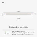 Measurement chart for antique brass cross knurled pull 500 mm with dimensions and weight information.