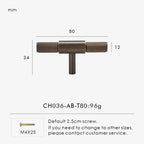 Measurement chart for antique brass cross knurled t-bar 80 mm with dimensions and weight information.
