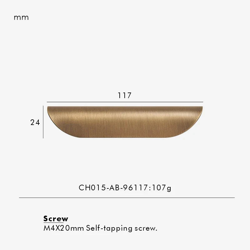 Measurement chart for antique brass edge pull 117 mm with dimensions and weight information.