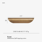 Measurement chart for antique brass edge pull 117 mm with dimensions and weight information.