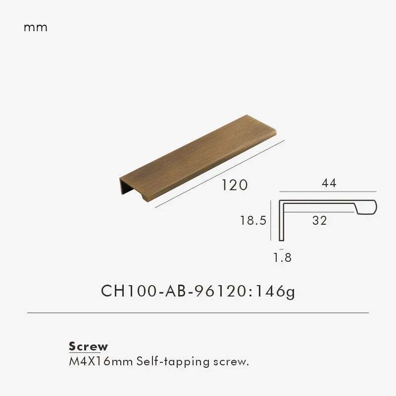 Measurement chart for antique brass edge pull 120 mm with dimensions and weight information.
