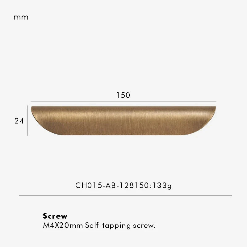 Measurement chart for a antique brass edge pull 150 mm with dimensions and weight information.