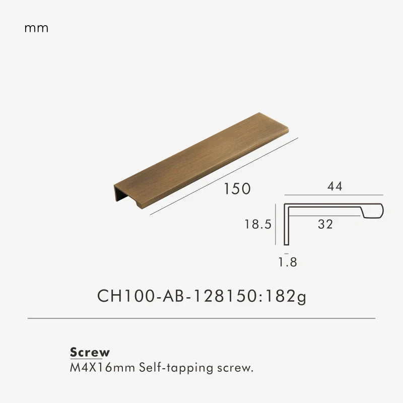 Measurement chart for antique brass edge pull 150 mm with dimensions and weight information.
