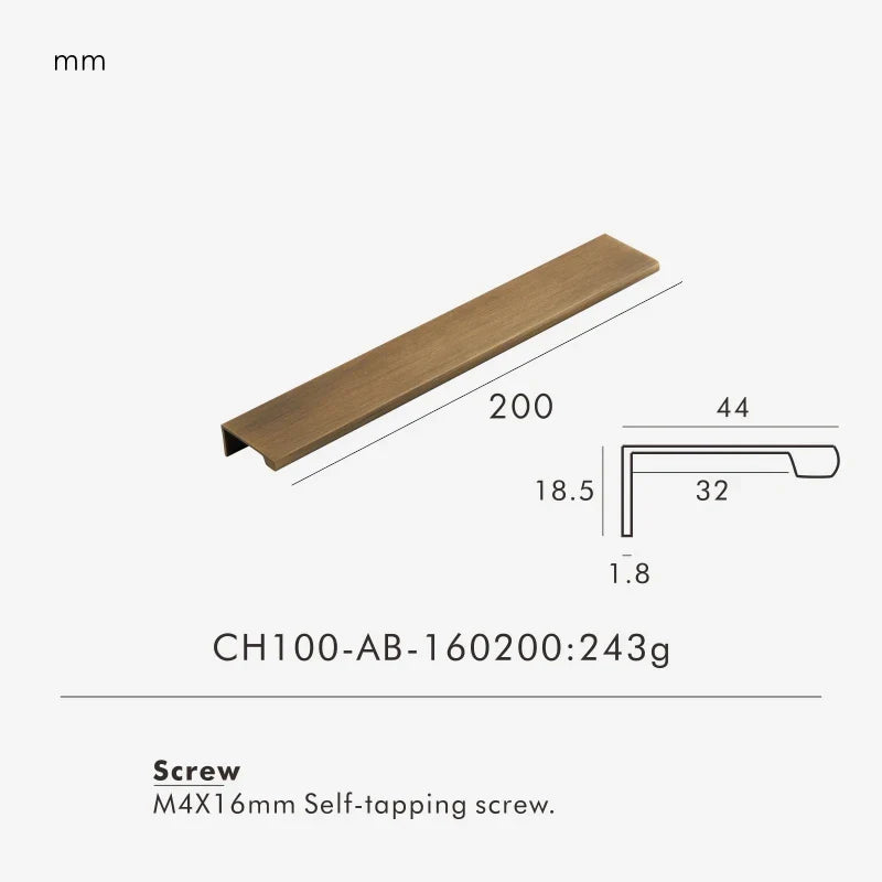 Measurement chart for antique brass edge pull 200 mm with dimensions and weight information.