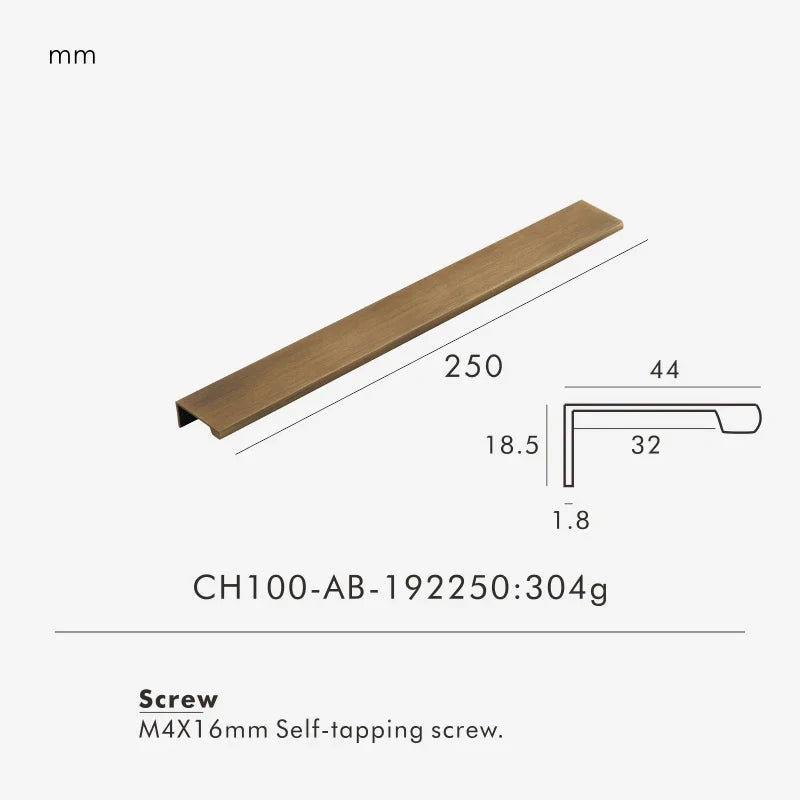 Measurement chart for antique brass edge pull 250 mm with dimensions and weight information.