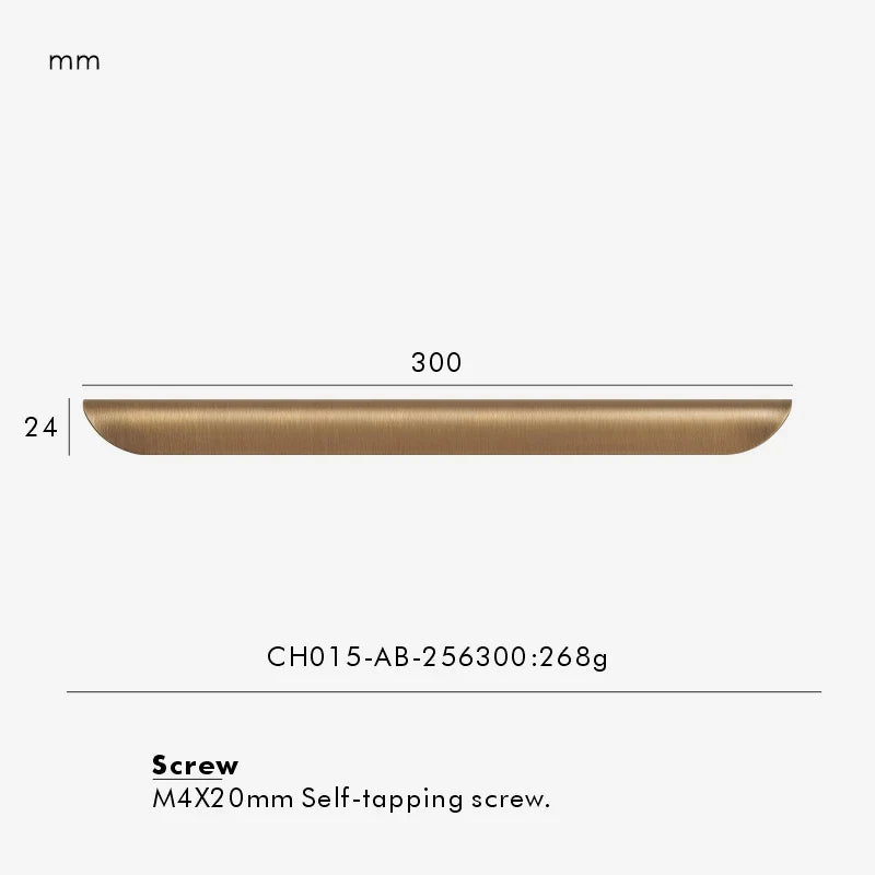 Measurement chart for antique brass edge pull 300 mm with dimensions and weight information.