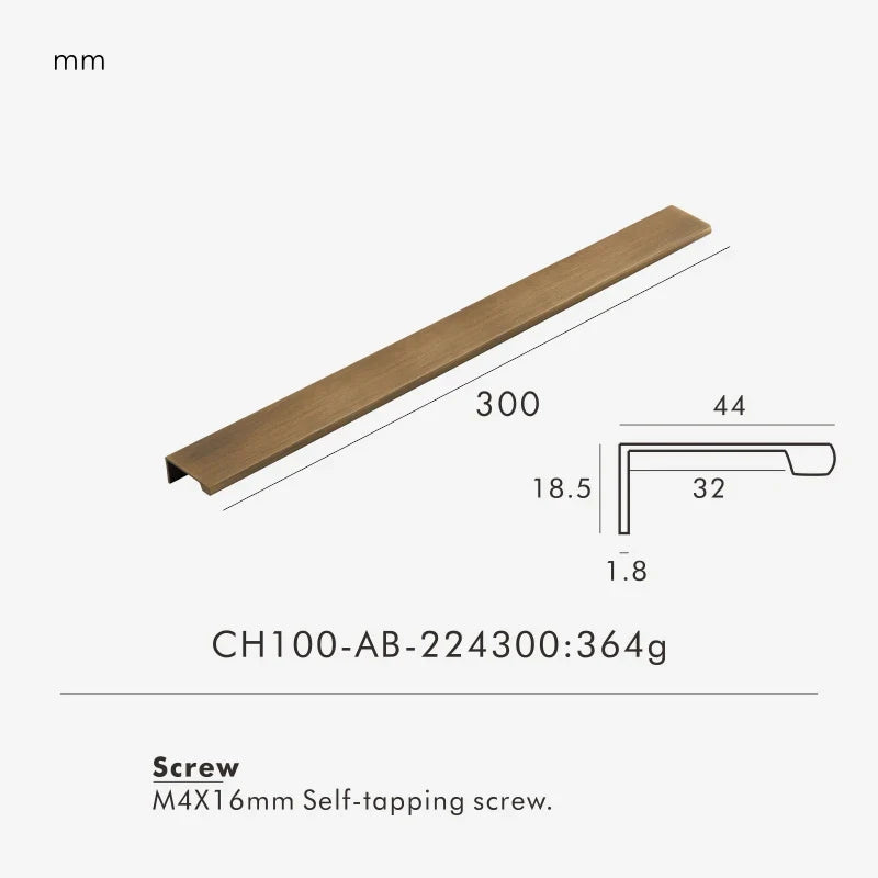 Measurement chart for a antique brass edge pull 300 mm with dimensions and weight information.