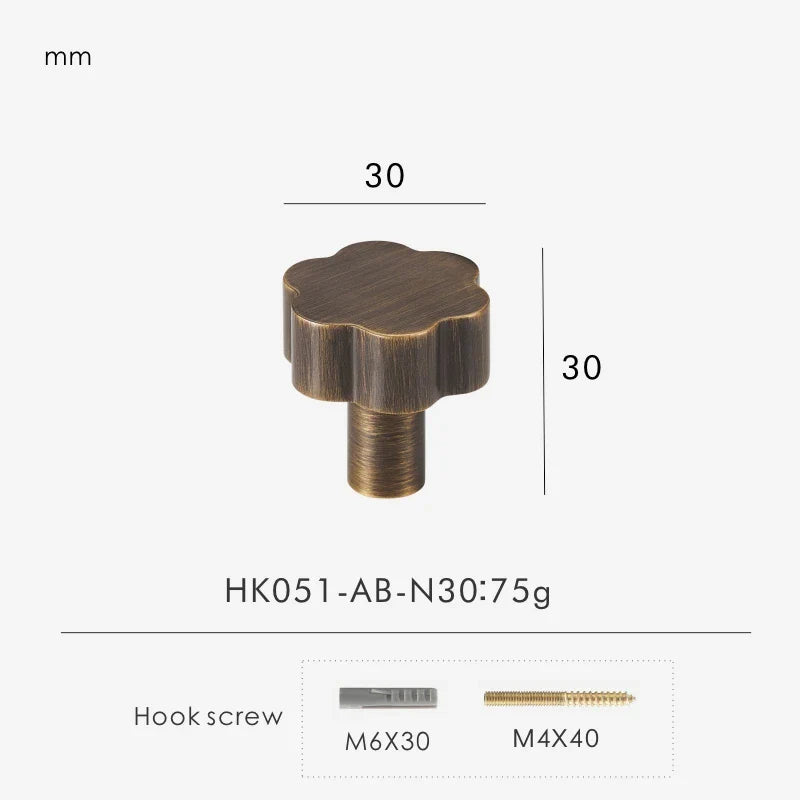 Antique brass flower cabinet knob 30mm with measurements on a white background.