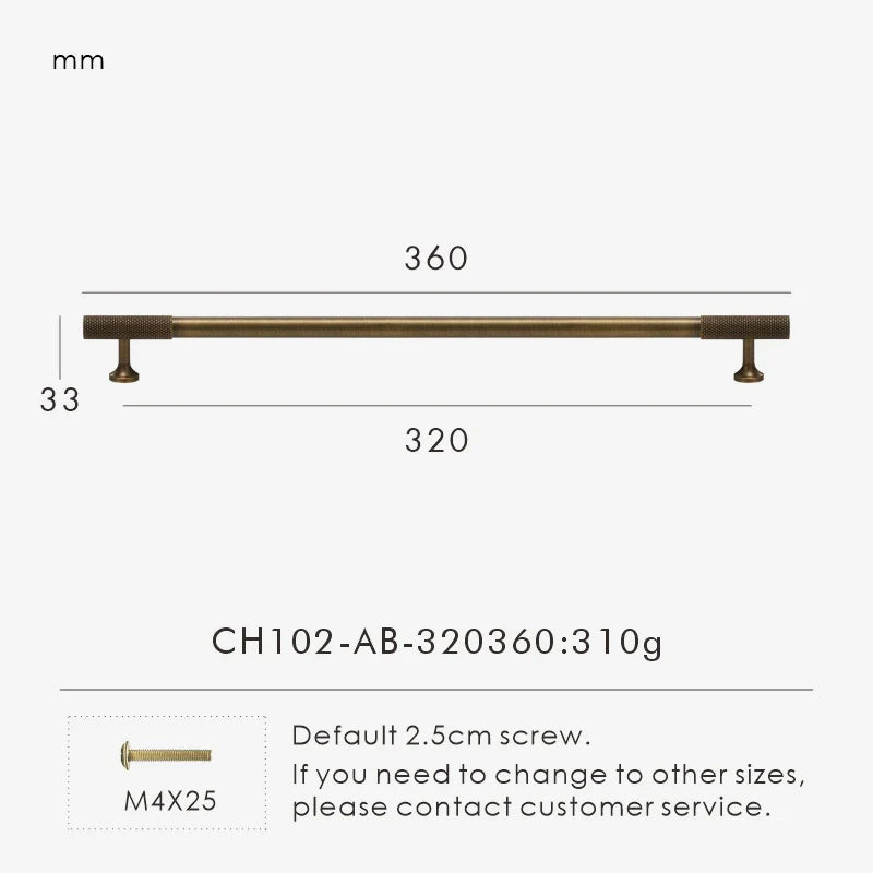 Measurement chart of antique brass handle 360 mm long with dimensions on a white background.