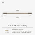 Measurement chart of antique brass handle 360 mm long with dimensions on a white background.