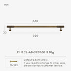 Measurement chart of antique brass handle 360 mm long with dimensions on a white background.