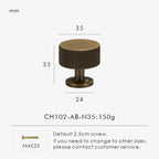 Measurement chart of a antique brass knob with dimensions and weight on a white background.
