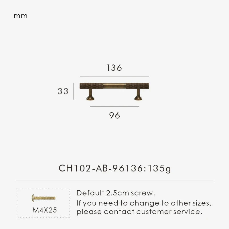 Measurement chart of antique brass knurled cabinet handle with dimensions in millimeters on a white background.