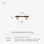 Measurement chart of antique brass knurled cabinet handle with dimensions in millimeters on a white background.