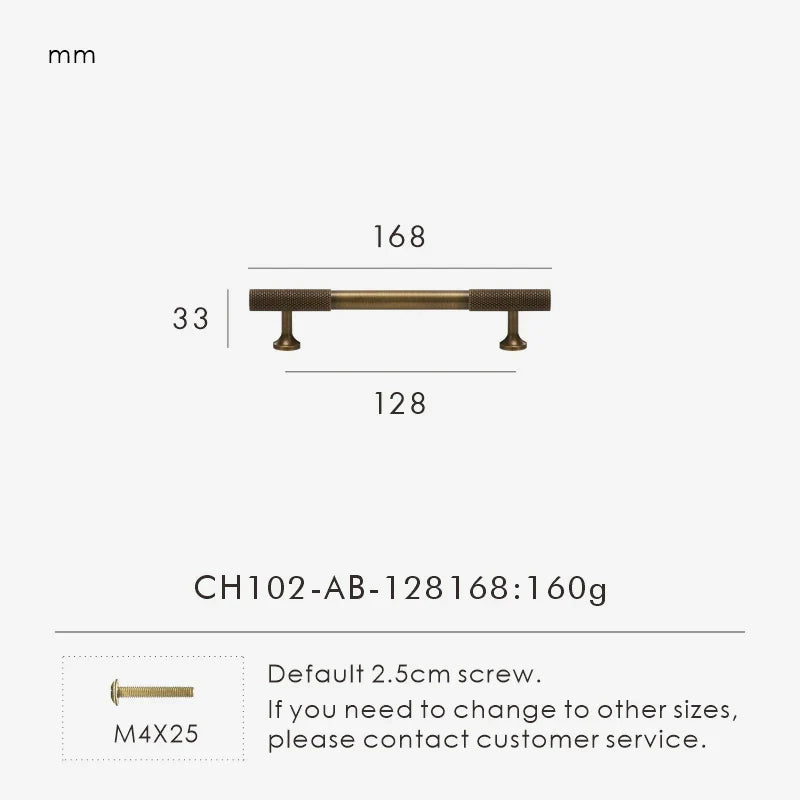 Measurement chart with antique brass knurled handle 168mm long and dimensions on a white background