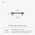 Measurement chart with antique brass knurled handle 168mm long and dimensions on a white background