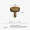 Antique brass knurled knob 35mm with dimensions and weight information on a white background.