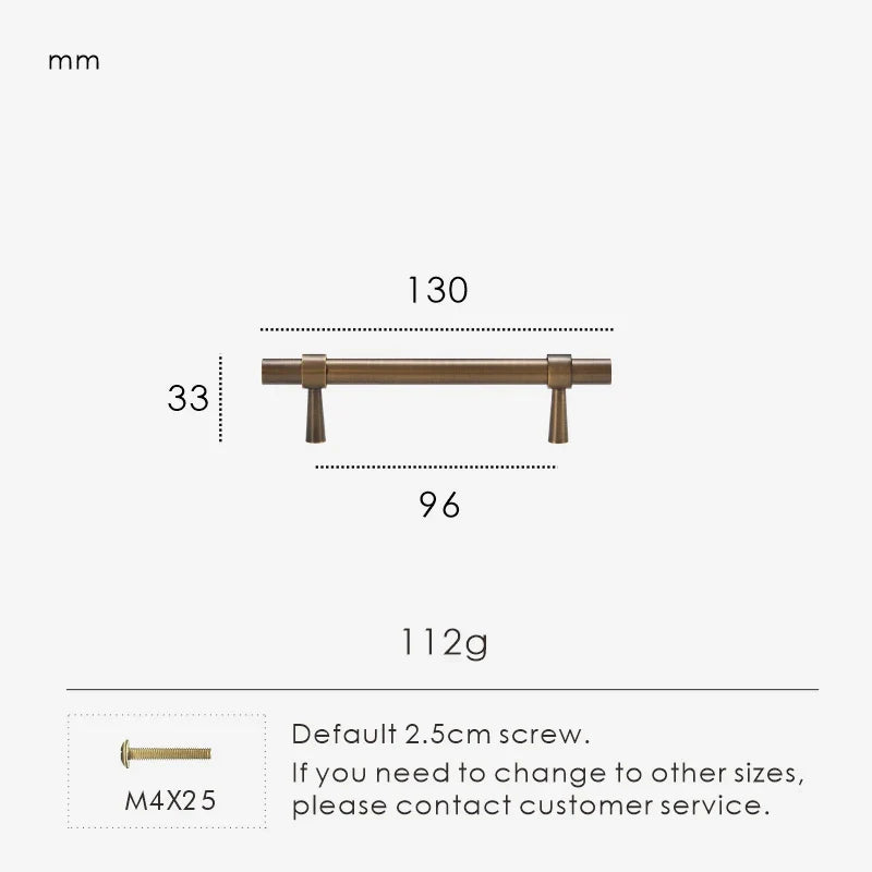 Measurement chart for antique brass stepped ring pull 130 mm with dimensions and weight information.