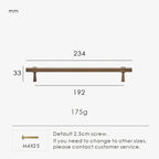 Measurement chart for antique brass stepped ring pull 234 mm with dimensions and weight information.